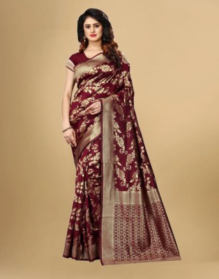 Samah Woven, Embellished, Self Design Banarasi Silk Blend, Jacquard Saree(Maroon, Gold)