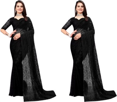 Vragi Self Design Bollywood Net Saree(Pack of 2, Black)