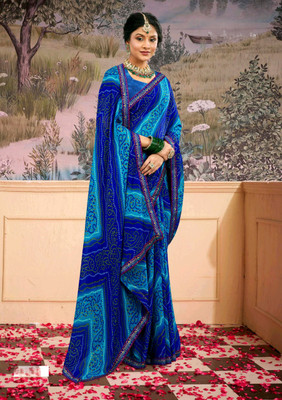 Radharani fusion Dyed, Printed, Tie-Dye Bandhani Georgette Saree(Blue, Light Blue)