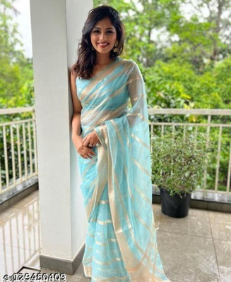 Banaras silk palace Striped, Woven Banarasi Organza Saree(Light Blue)