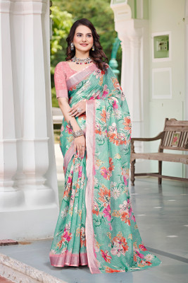 Vinayak Textile Printed Bollywood Linen Saree(Green)