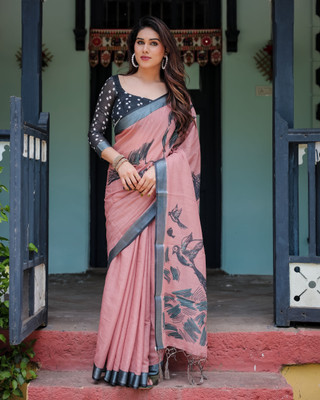 Bansari Textiles Printed Bollywood Cotton Linen Saree(Pink)