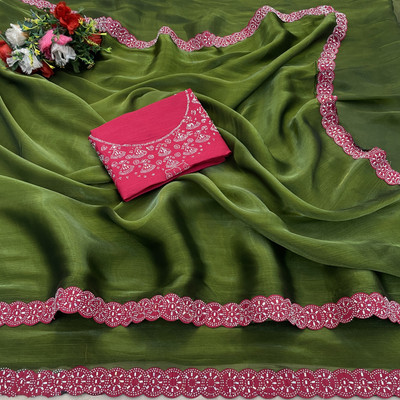 VarniRaaj Fashion Embellished Bollywood Silk Blend Saree(Light Green)