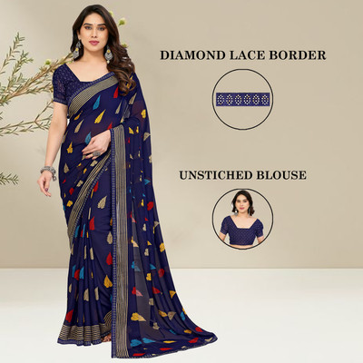 Anand Sarees Embellished, Striped, Floral Print Bollywood Georgette Saree(Dark Blue)