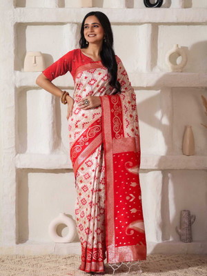 Pandadi Saree Printed Banarasi Cotton Linen Saree(White, Red)