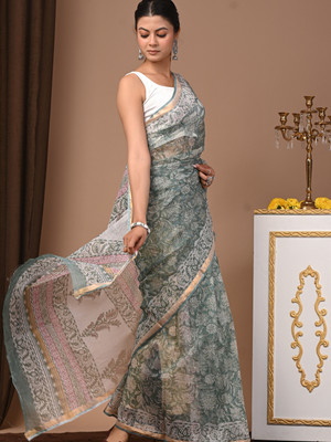 Taavi Printed Kota Doria Cotton Blend Saree(Grey)