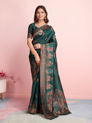 RICH & ROMAN Embellished, Woven Banarasi Jacquard, Pure Silk Saree(Dark Green)