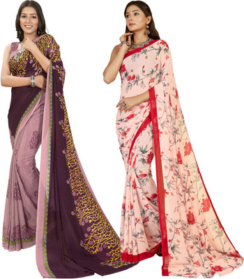 Anand Sarees Printed Daily Wear Georgette Saree(Pack of 2, Multicolor, Purple, Beige)