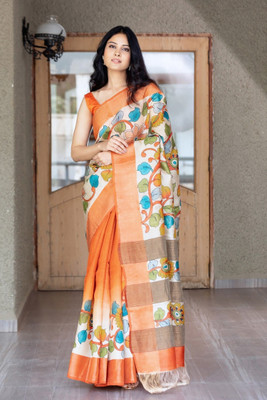 Rashmiwala Digital Print Daily Wear Tussar Silk Saree(White, Orange)