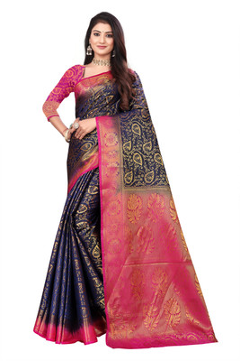 K D F Self Design, Woven Kanjivaram Silk Blend, Jacquard Saree(Dark Blue)