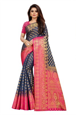 Rupatika Woven Kanjivaram Cotton Silk, Pure Cotton Saree(Dark Blue, Pink)