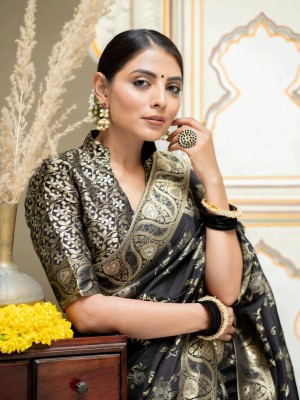 Nimidiya Self Design, Embellished, Woven Bollywood Pure Silk, Jacquard Saree(Black)