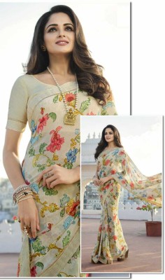 Puretouch Printed, Floral Print, Hand Painted, Graphic Print, Digital Print, Self Design Daily Wear Chiffon, Georgette Saree(Beige)