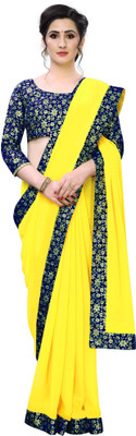 Rashiklal & Co. Solid/Plain Bollywood Georgette Saree(Yellow, Dark Blue)