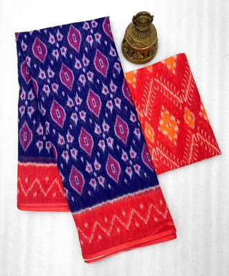 Margi Designers Printed Handloom Cotton Linen Saree(Multicolor)