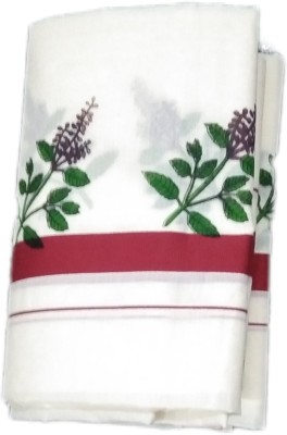 Kerala set mundu Hand Painted Mundum Neriyathum Cotton Linen Saree(White)