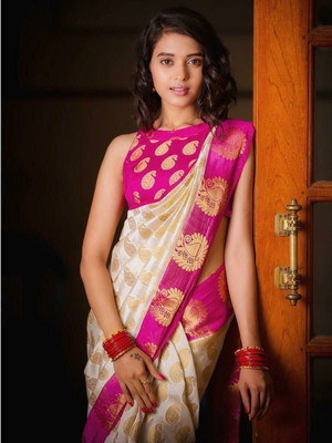 RUCHAA FASHION Paisley, Woven Banarasi Silk Blend Saree(White, Pink)