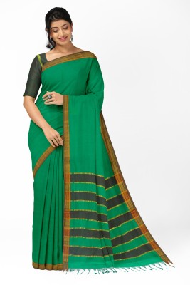 APCO Solid/Plain Handloom Pure Cotton Saree(Green)