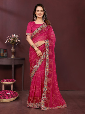 sareya veela Printed Bandhani Georgette Saree(Pink)