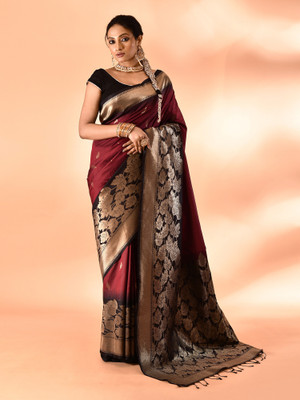 Elora Floral Print Banarasi Silk Blend Saree(Maroon)