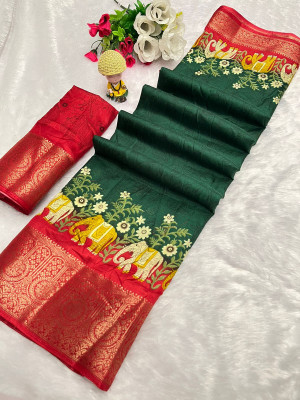 pal fashion Printed Bollywood Chanderi Saree(Dark Green)