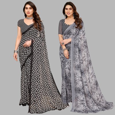 kashvi sarees Printed Daily Wear Georgette Saree(Pack of 2, Black, Grey)