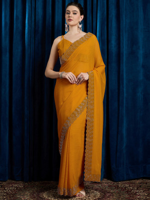 Sareemall Embellished Bollywood Chiffon Saree(Mustard)