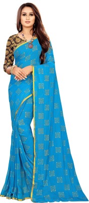 Desi Style Printed Bollywood Velvet, Chiffon Saree(Light Blue)