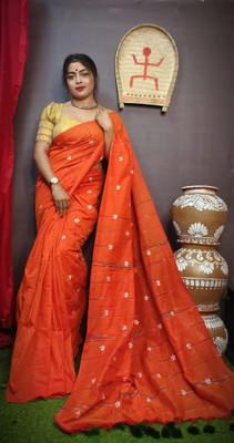 cloud vastra Embroidered Handloom Pure Cotton Saree(Orange)
