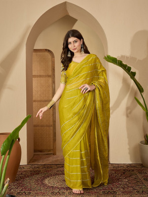 Vichitra Embroidered Bollywood Silk Blend Saree(Yellow)