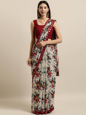 PHORIA STYLE Floral Print Bollywood Georgette, Chiffon Saree(White)