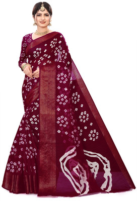 Harshiv Enterprise Printed Bandhani Cotton Blend Saree(Purple)