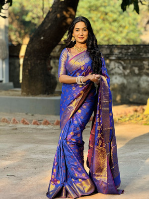 LeeliPeeri Designer Woven Banarasi Cotton Silk Saree(Blue)