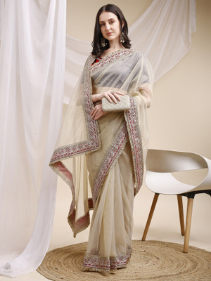 Aika Embroidered Bollywood Net Saree(Cream)