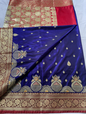 Satin Embroidered Banarasi Satin Saree(Dark Blue)