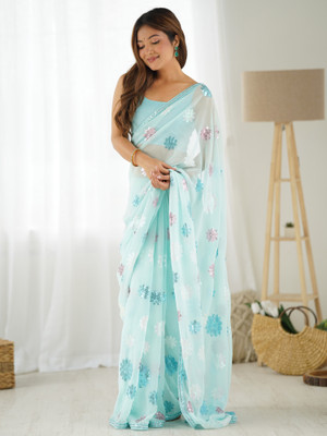 Sareemall Floral Print Bollywood Georgette Saree(Light Blue)