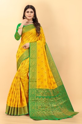 Rupatika Woven Banarasi Cotton Silk Saree(Green, Yellow)