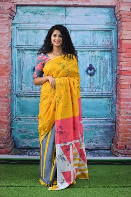 JAIPURI BLOCK PRINT Blocked Printed, Color Block, Dyed, Floral Print, Printed Daily Wear Pure Cotton Saree(Yellow)