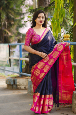 sanvi Woven, Checkered, Embellished, Self Design Dharmavaram Jacquard, Cotton Silk Saree(Dark Blue)
