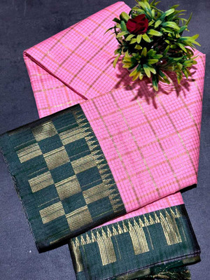 JbWorld Self Design, Woven, Checkered Chettinadu Cotton Silk, Pure Silk Saree(Pink, Dark Green)
