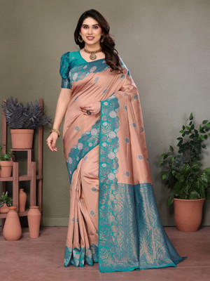 The Style Sanctuary Woven, Self Design Banarasi Silk Blend Saree(Beige, Blue)
