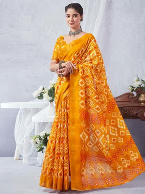 sareezaatrendz Printed Daily Wear Cotton Linen Saree(Orange)