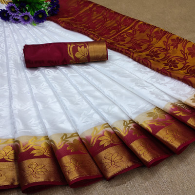 Morpich Fashion Self Design Banarasi Silk Blend Saree(White)