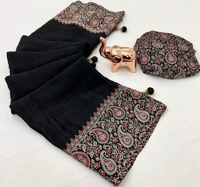 pal fashion Printed Kalamkari Jacquard Saree(Black)