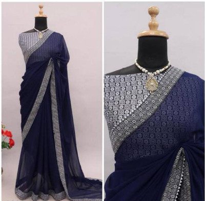 Sanvi Creations Solid/Plain Saree with Attached Blouse Georgette Saree(Blue)