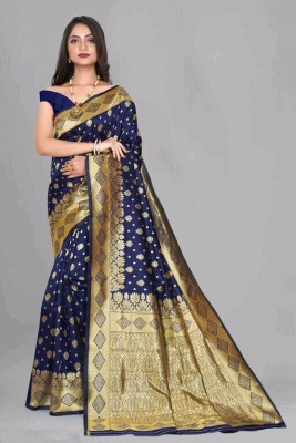 AD Saree Mall Woven Banarasi Silk Blend Saree(Dark Blue)