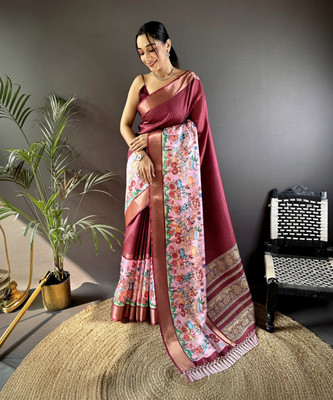 DURGA TEXTILE Digital Print Kalamkari Silk Blend, Jacquard Saree(Red)