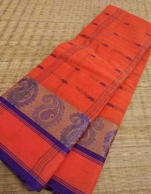 BiswasTextiles Self Design Tant Pure Cotton Saree(Orange)