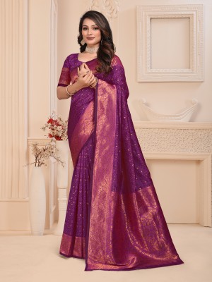 Pionex Woven Banarasi Jacquard, Pure Silk Saree(Purple)