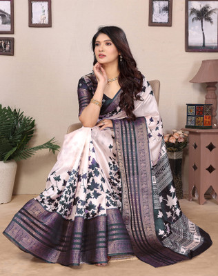 Nirvaan Printed Bollywood Silk Blend Saree(Blue)